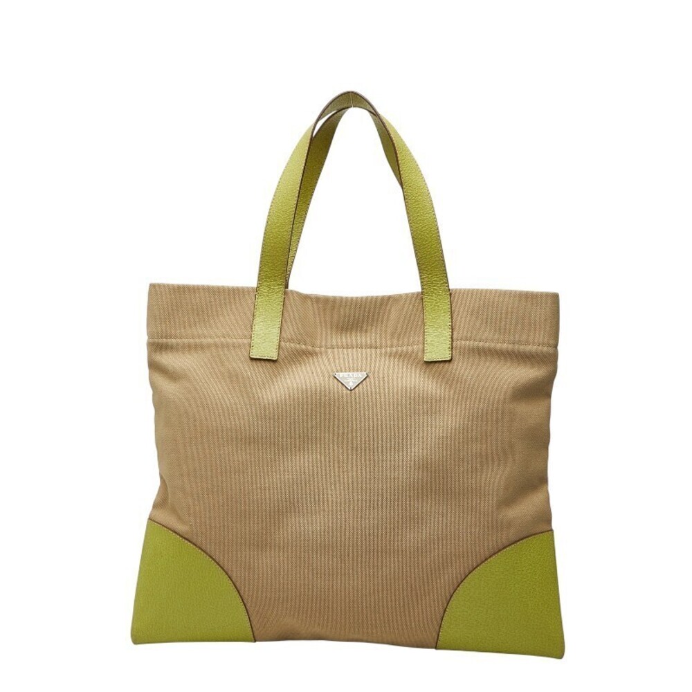 Prada Triangle Plate Tote Bag Handbag Beige Cream Green Canvas Leather